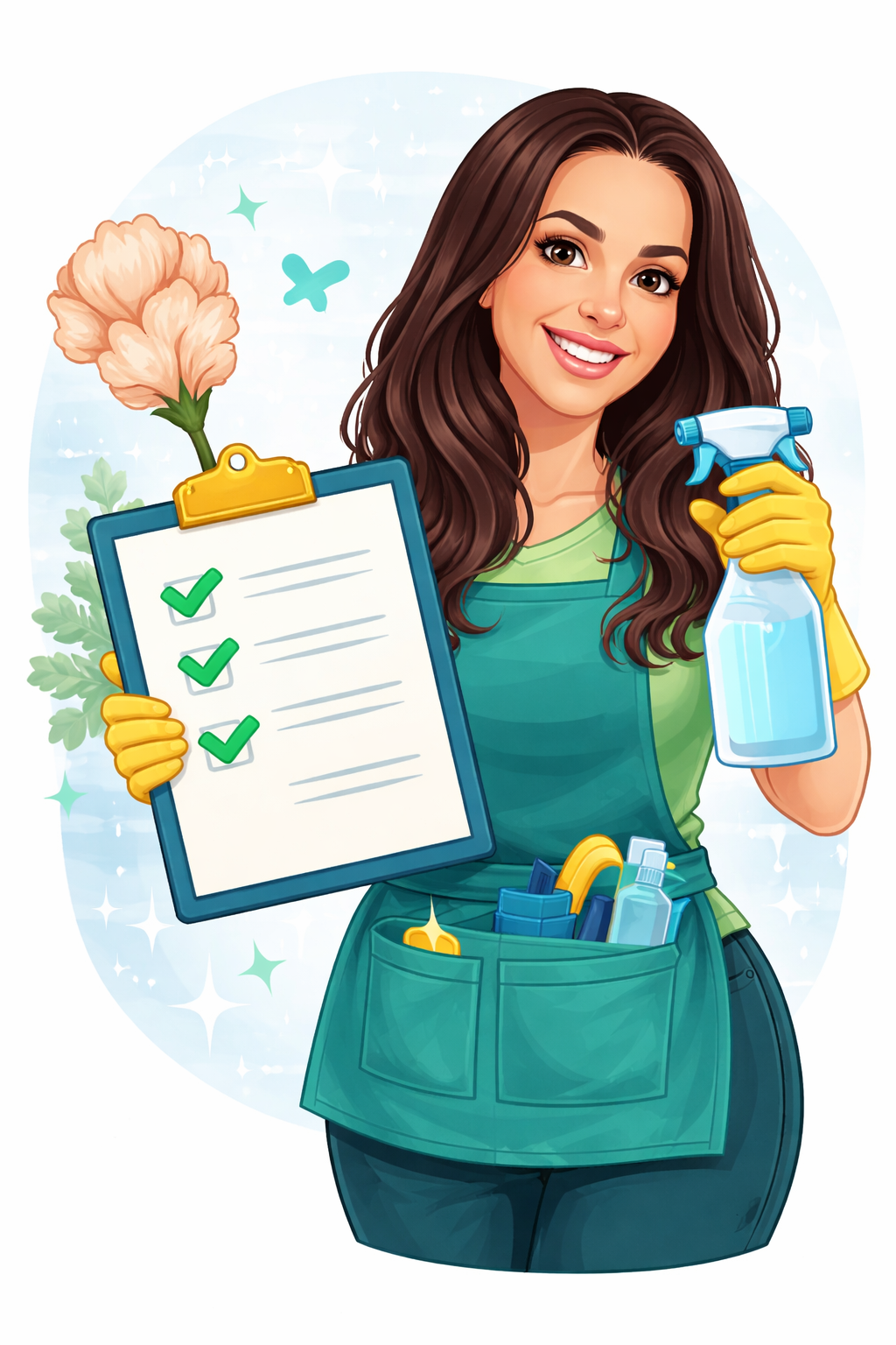Cindy with her cleaning checklist